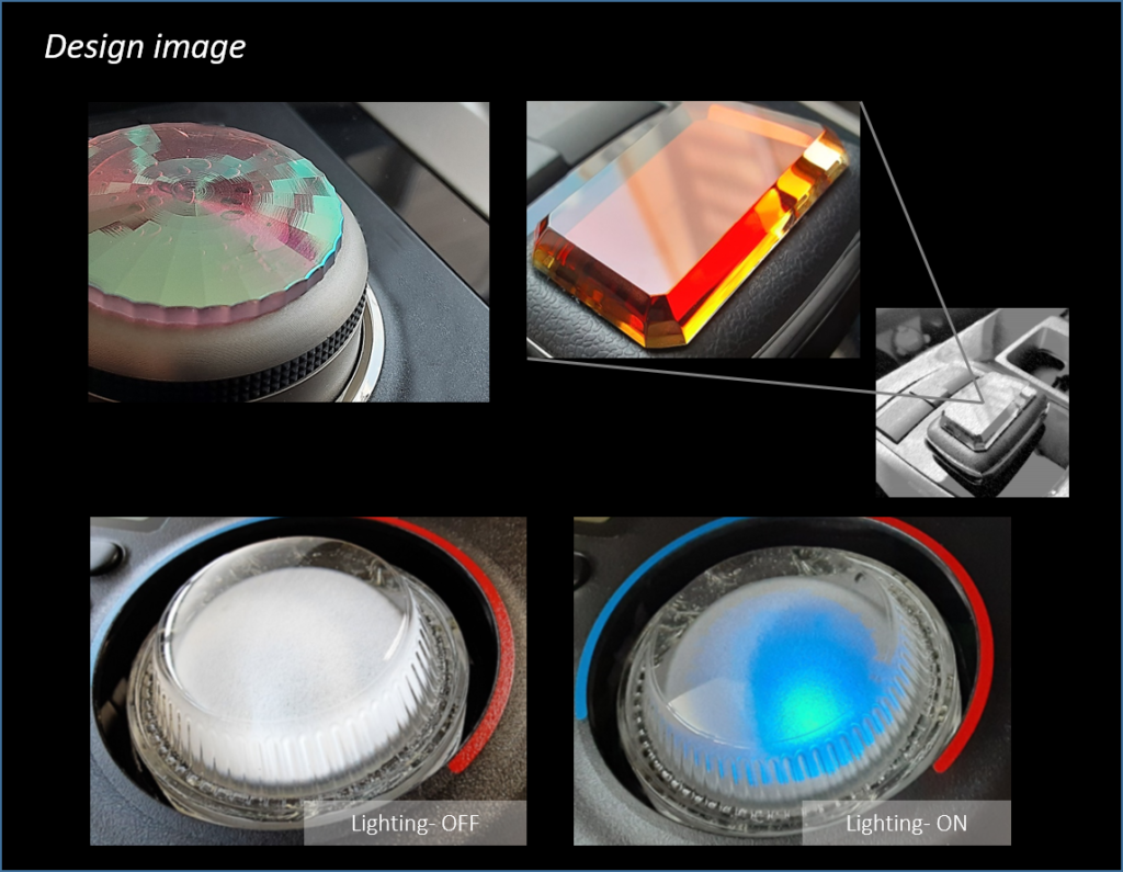 3種類の自動車内装用ガラスインテリアパーツ。１つはピンク色のオーロラコーティングがされたファセット付きの円形のガラスダイヤル。１つはアンバー色のコーティングがされた宝石カットのガラスパーツ。１つは、ガラス製のエアコン操作ダイヤルで、ライトがガラスから透けて見える。